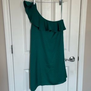 Green polka dot one shoulder dress